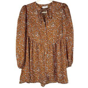 Storia Orange Floral Print Long Sleeve Button Front flowy Mini Dress Size Small